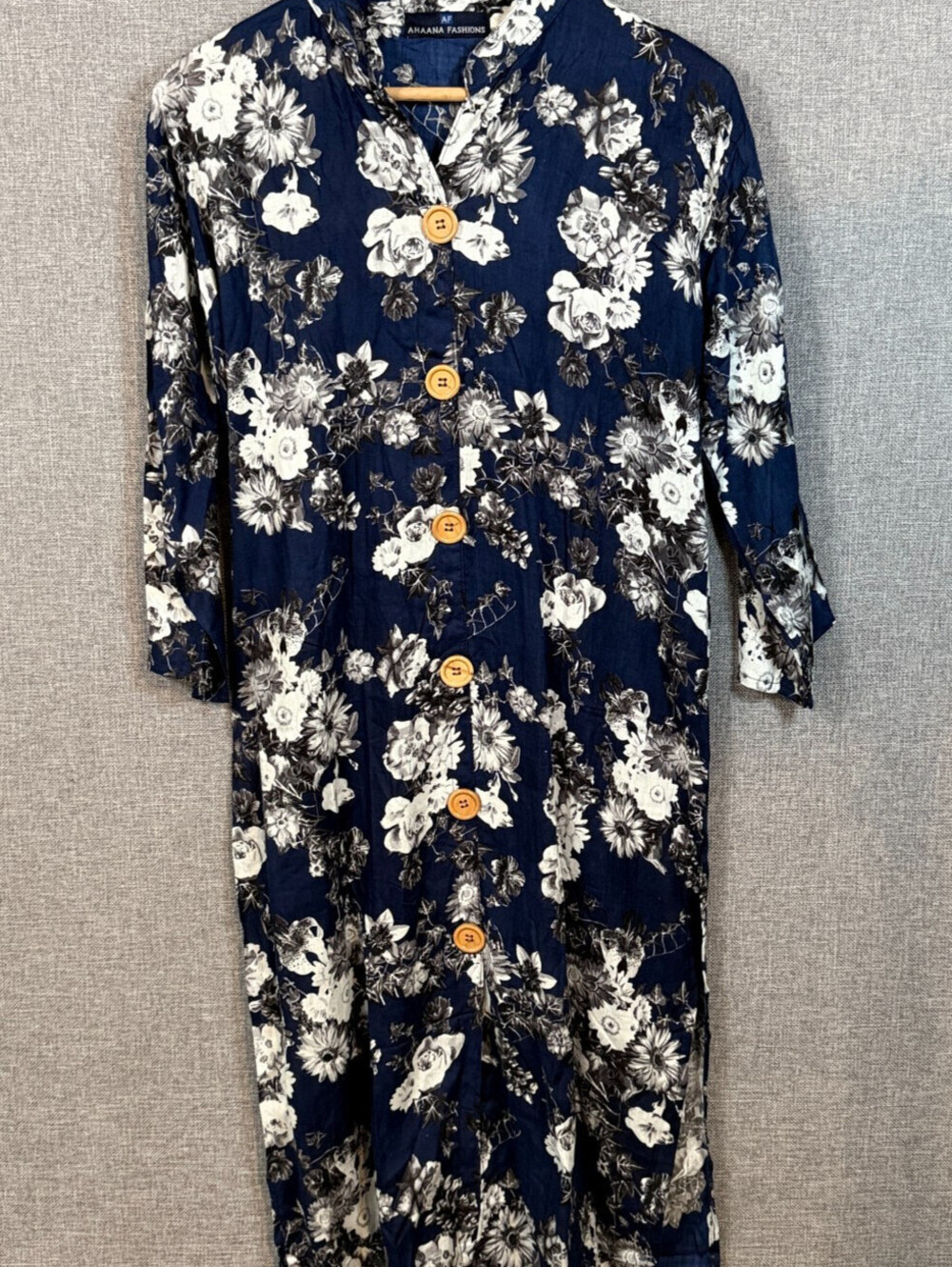 Ahaana Fashions Womens Floral Kurta Tunic Dress Size Large Navy Button Front